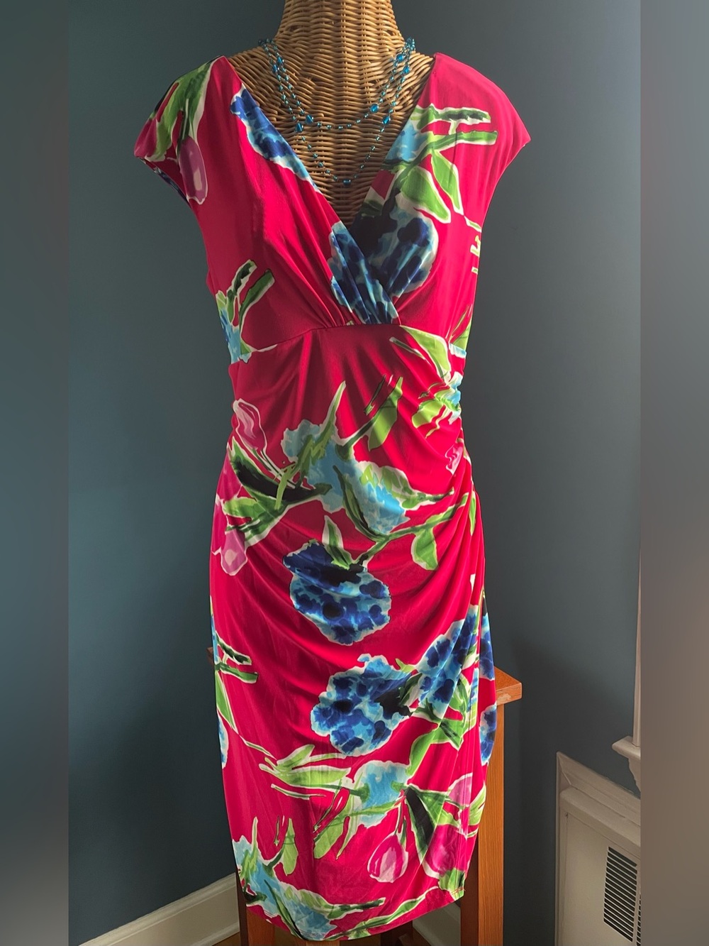Lauren Ralph Lauren Red Pink Floral Faux Wrap Dress Stretch Size 16